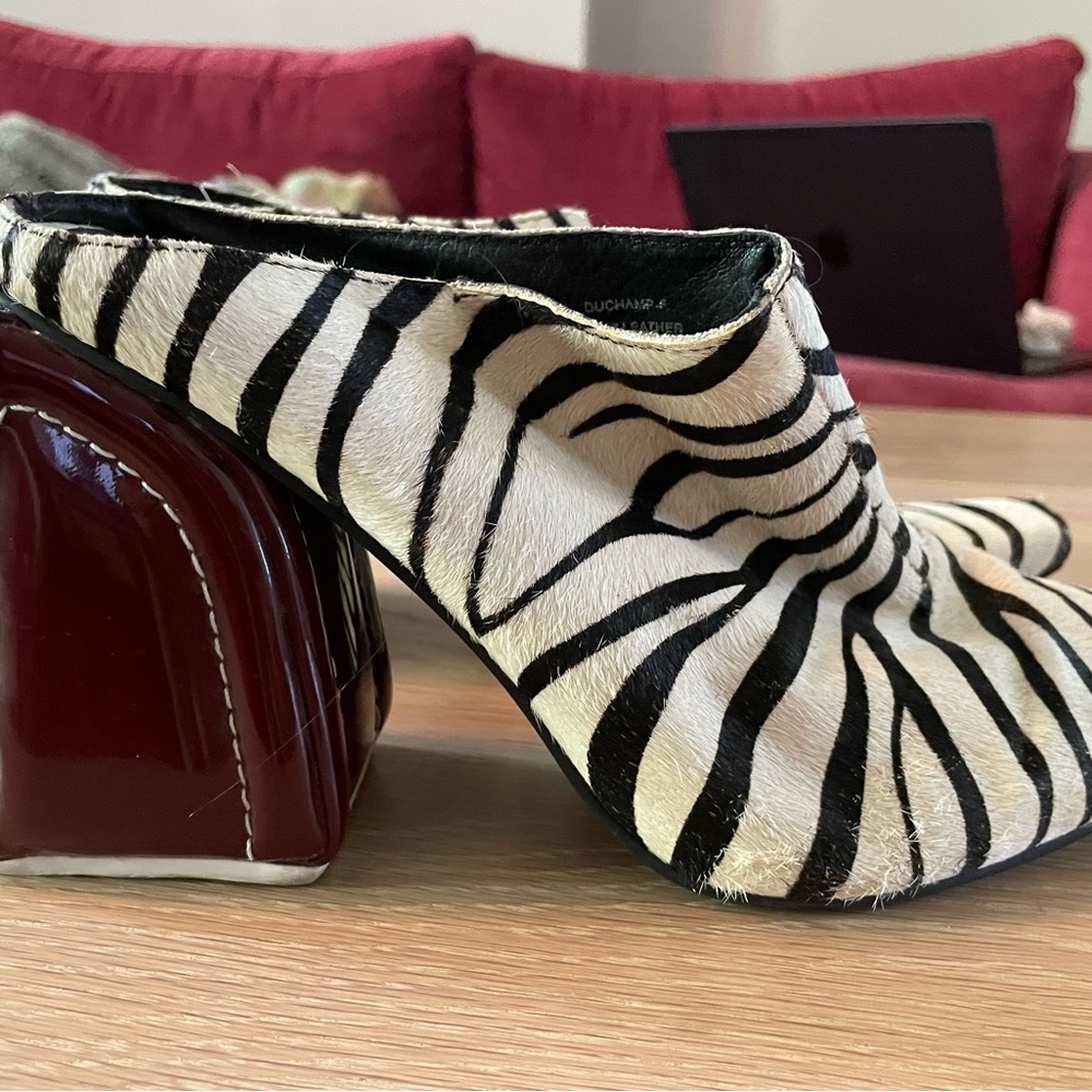 Jeffrey Campbell Zebra Pattern Mules with Dark Red Heel